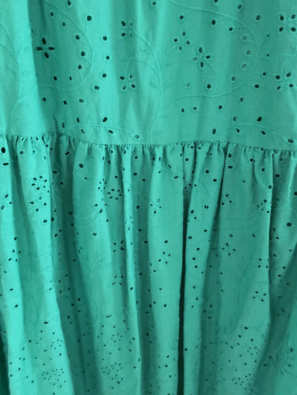 Maggie London Green Eyelet Ruffle Sleeve V-Neck Dress.